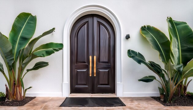 front exterior with arched dark wood doors and tropical banana plants on both sides smooth white stucco wall simple black doormat symmetrical composition serene tropical aesthetic