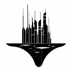 Fototapeta premium Abstract floating futuristic city skyline vector illustration. Modern dark architecture on an inverted landmass, isolated on white background.