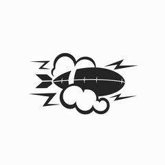 Dynamic black blimp airship icon flying fast with speed lines, smoke clouds, and lightning bolts. Air travel transportation graphic. © Devan