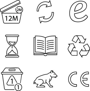 This comprehensive set of clean vector outline icons is designed for product packaging, consumer information, and regulatory compliance