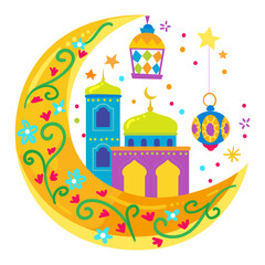 Fototapeta premium Colorful islamic crescent mosque decorative eid background