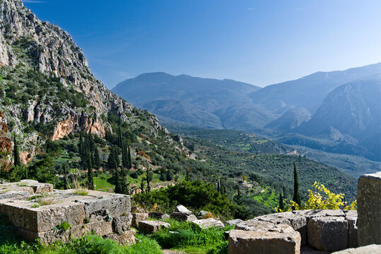 Ancient Stone Ruins Overlooking the Pleistos Valley at the Sanctuary of Apollo, Delphi, Greece