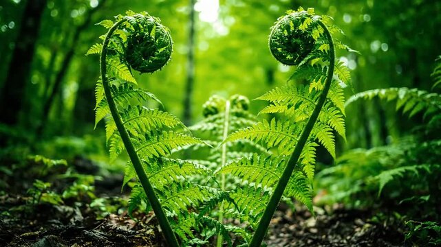 Close-up of unfurling fern fronds in lush green forest, nature background.