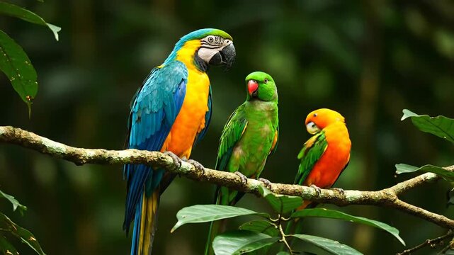 Three colorful parrots, a blue and gold macaw and two green parrots, perched on a branch.