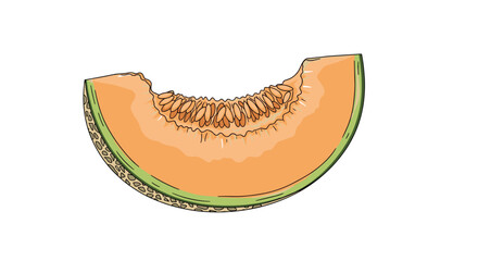 Fototapeta premium Fresh slice of orange cantaloupe melon showing the inner fruit with seeds and the textured green outer rind against a white background.