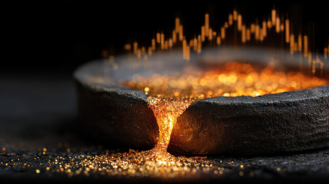 Smelting furnace glowing with liquid gold and analytics, gold, industrial wealth creation