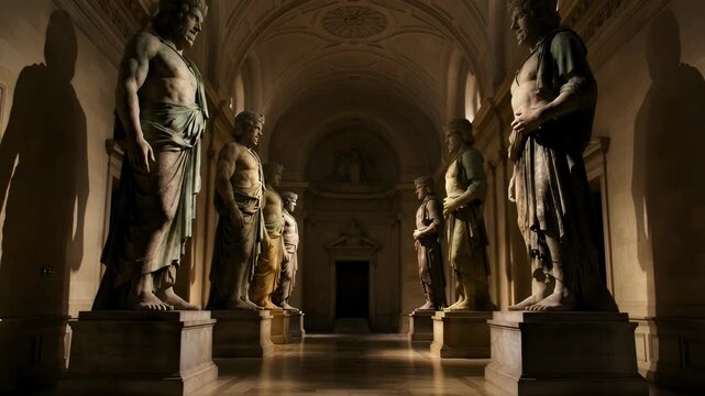 statues of men in a museum or gallery setting with dramatic lighting
