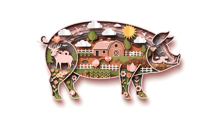 Fototapeta premium Creative Paper Cut Style Pig Filled With A Farm Scene Illustration Celebrating Pig Day