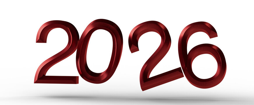 3D rendered image of the year 2026 in metallic red, on a white background with a shadow. Ideal for new year events, pred