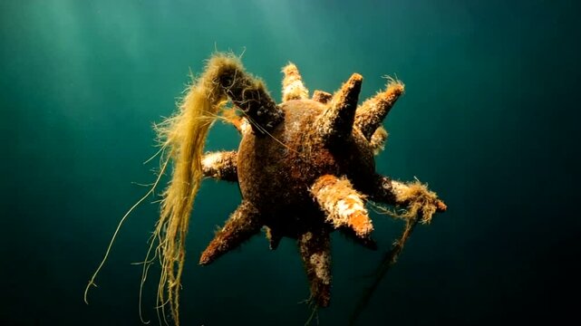 Marine life entangled in plastic pollution underwater.