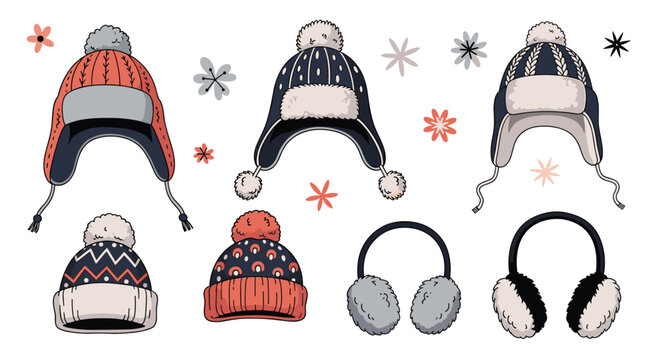 Assorted collection of winter headwear including various knitted beanies with pom poms, fur lined trapper hats, and soft fluffy earmuffs.