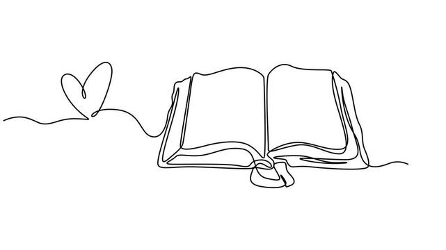 open book with love shape animation continuous one line drawing, Book with heart one line art animation, hand drawn continuous contour motion. Romantic February 14 symbol.Love to read concept outline,