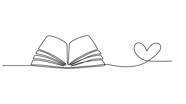 open book with love shape animation continuous one line drawing, Book with heart one line art animation, hand drawn continuous contour motion. Romantic February 14 symbol.Love to read concept outline,