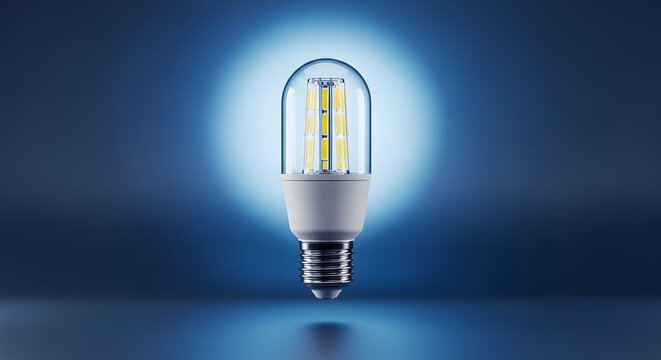 Innovative lighting Close-up of a futuristic LED bulb with glowing yellow chips and a silver base. Ideal for themes of c