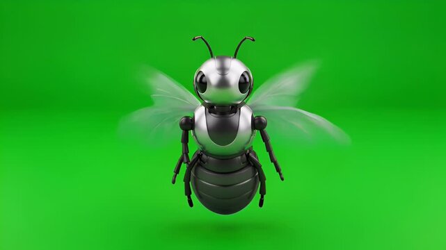 a metallic silver and black robotic bee in flight against green background