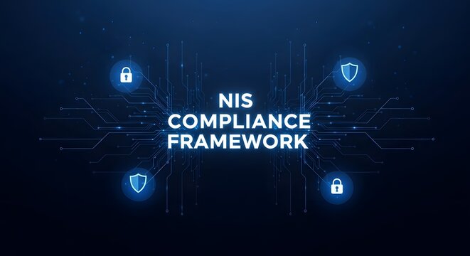 NIS Compliance Framework A professional digital banner of the NIS Compliance Framework with glowing circuit lines, padlocks, and shield icons. Concept of EU cy