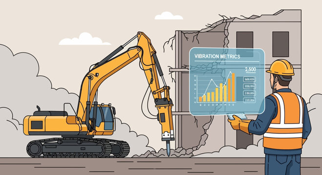Construction worker monitors demolition progress with digital data.