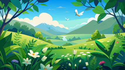 Fototapeta premium A vibrant landscape of lush green hills and a clear blue sky with scattered white clouds.