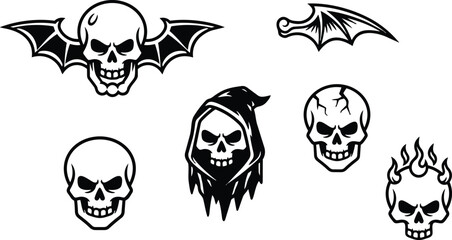 Fototapeta premium Tattoo flash skull set close up grim reaper hood skull with cracked forehead flaming skull and bat wing skull halloween