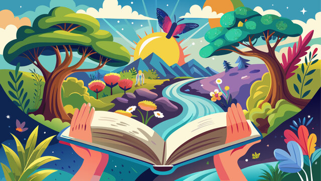 A vibrant and magical forest scene with an open book at its center.