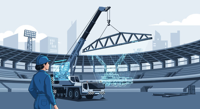 Construction worker overseeing crane operation at a stadium.