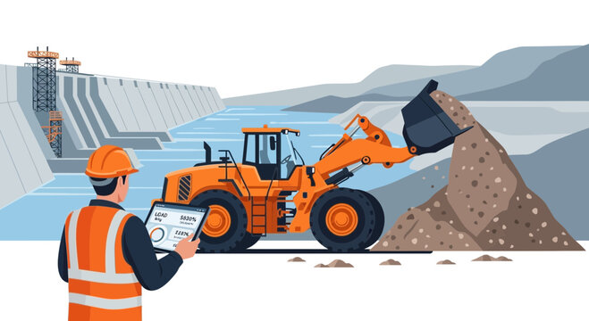 Construction worker overseeing front loader operations at a quarry.