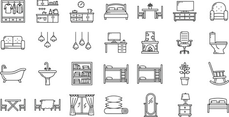 Home Furniture and Interior Line Icon Set Featuring Bedroom Living Room Kitchen Bathroom and Office Equipment for Real Estate and Decor © MstRanzina