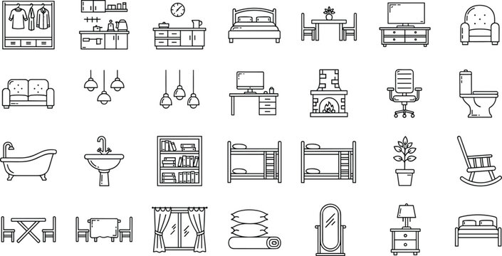 Home Furniture and Interior Line Icon Set Featuring Bedroom Living Room Kitchen Bathroom and Office Equipment for Real Estate and Decor