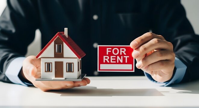Person holding small house model and for rent sign, concept of property rental market and housing business