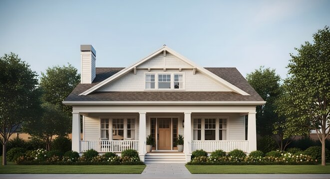 Classic white craftsman style bungalow house with gray roof and wide front porch features symmetrical windows and manicured garden design