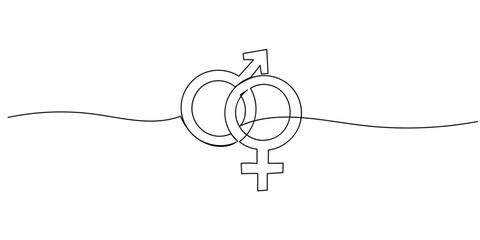 One-line drawing, continuous single line, male and female gender symbols. Editable stroke. © Proongnee