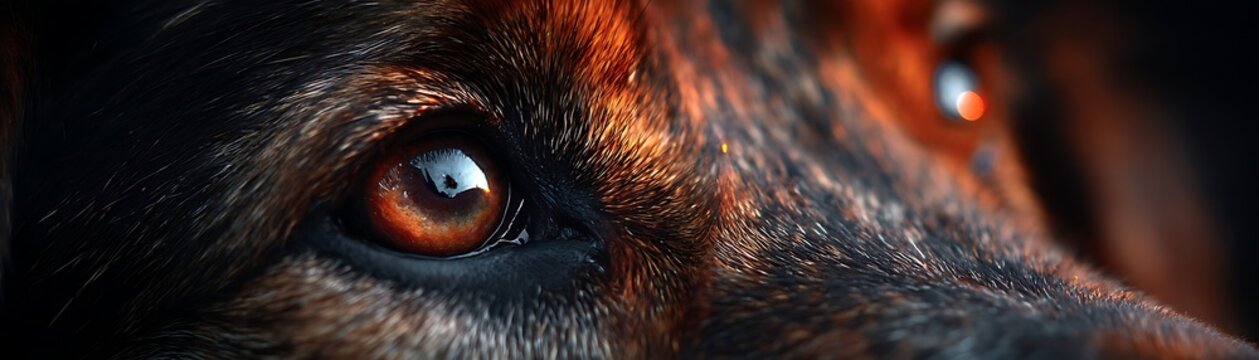 Extreme close up captures the intense brown gaze of a dark furred animal