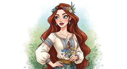 Fototapeta premium Woman with long auburn hair wears embroidered blouse and floral crown.