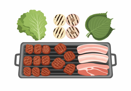 Flat Illustration Korean Barbecue Grill with Meat and Vegetables Scene