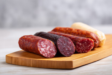 Savory selection of cured meats on a wooden board in a cozy kitchen
