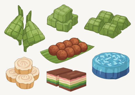 Cartoon Style Delicious Indonesian Kue Sweet Dessert Food Illustration Set