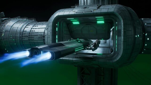 Futuristic spacecraft docked at a large metallic space station module