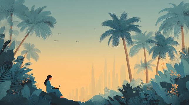 A person sitting amidst lush tropical foliage, working on a laptop with a serene sunset backdrop. Tall palm trees and distant city skyline create a tranquil yet modern ambiance.