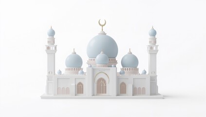 Obraz premium A stunning, clean and minimalistic view of a mosque. The sky-blue domes are illuminated by the natural sunlight, the golden crescent moon on top providing a beautiful contrast.