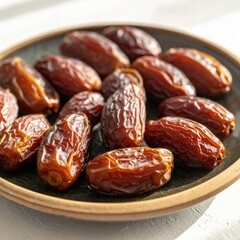Close-up of Medjool dates glistening with natural light piled on a rustic dark green ceramic plate with a beige rim on a white textured surface