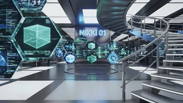 Futuristic showroom interior featuring Nikon branding, a dramatic curved staircase, and glass walls