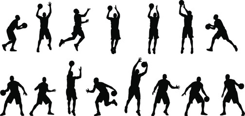 Black silhouette of professional basketball players in different poses like dribbling shooting and jumping isolated on white background for sports competition and athletic training. © Moshaharul's World