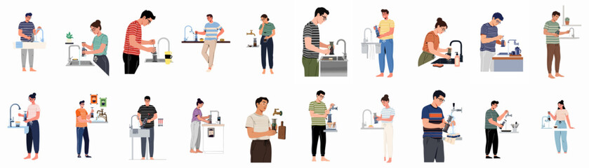 Fototapeta premium Diverse individuals engaged in AeroPress coffee brewing and cleaning, depicting various stages of preparation and maintenance in a modern, illustrated style.