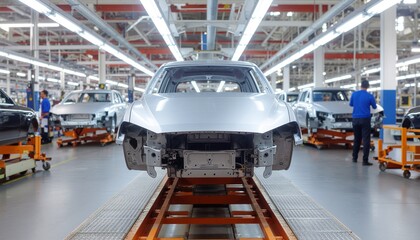 Naklejka premium Modern automotive assembly line with car body on conveyor belt inside car manufacturing factory