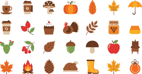 Autumn Season Icon Set Featuring Fall Leaves Pumpkin Coffee Turkey and Cozy Elements for Thanksgiving Harvest and Seasonal
