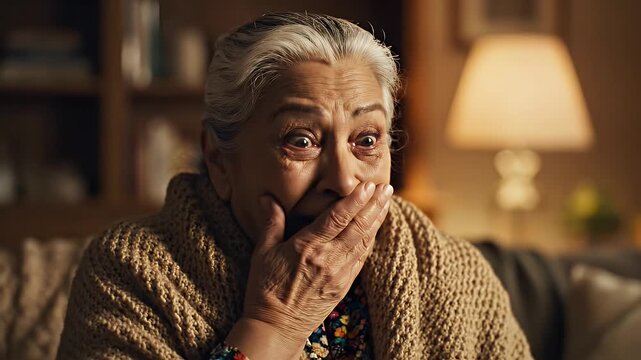 Senior Woman Expressing Shock and Surprise - An elderly woman with gray hair and wide eyes gasps in surprise, covering her mouth with her hand. She is sitting on a couch, wearing a sweater.