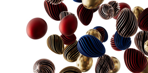 3D render of vibrant, textured Easter eggs in gold, red and blue with swirling patterns, perfect for holiday greetings a © vegefox.com