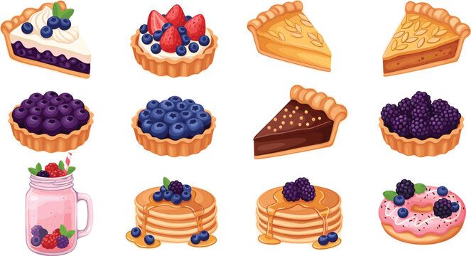 Berry Dessert and Pie Illustration Set with Blueberry Pancakes Tarts and Sweet Bakery Treats
