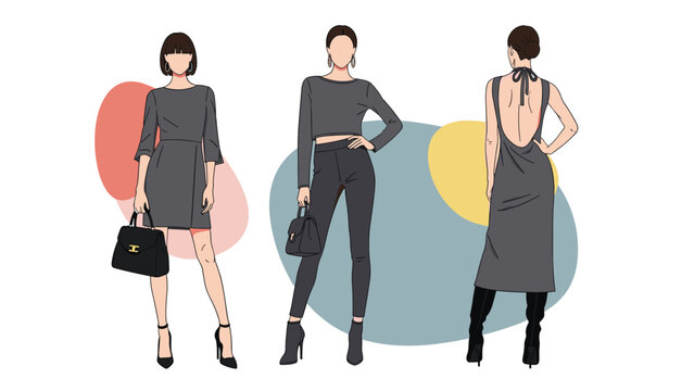 Trio of female models showcasing three different stylish grey outfits against a background of soft colored organic shapes.