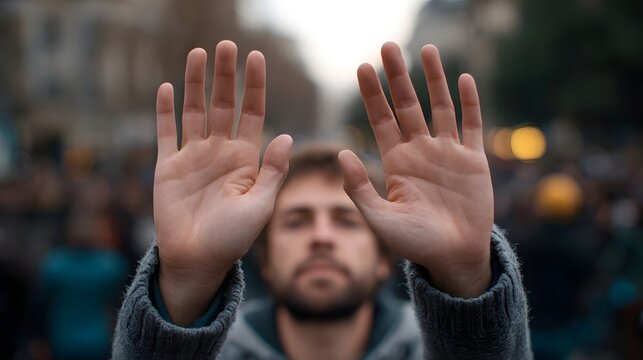 A man with his eyes closed and hands raised palms forward in a blurred public crowd